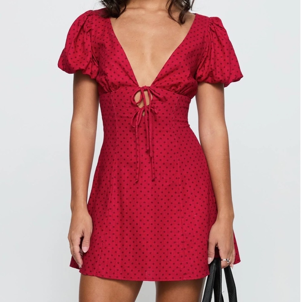 Princess Polly Mini Dress 6 Red Polka Dot Puff Sleeve Linen Coquette Euro Summer
